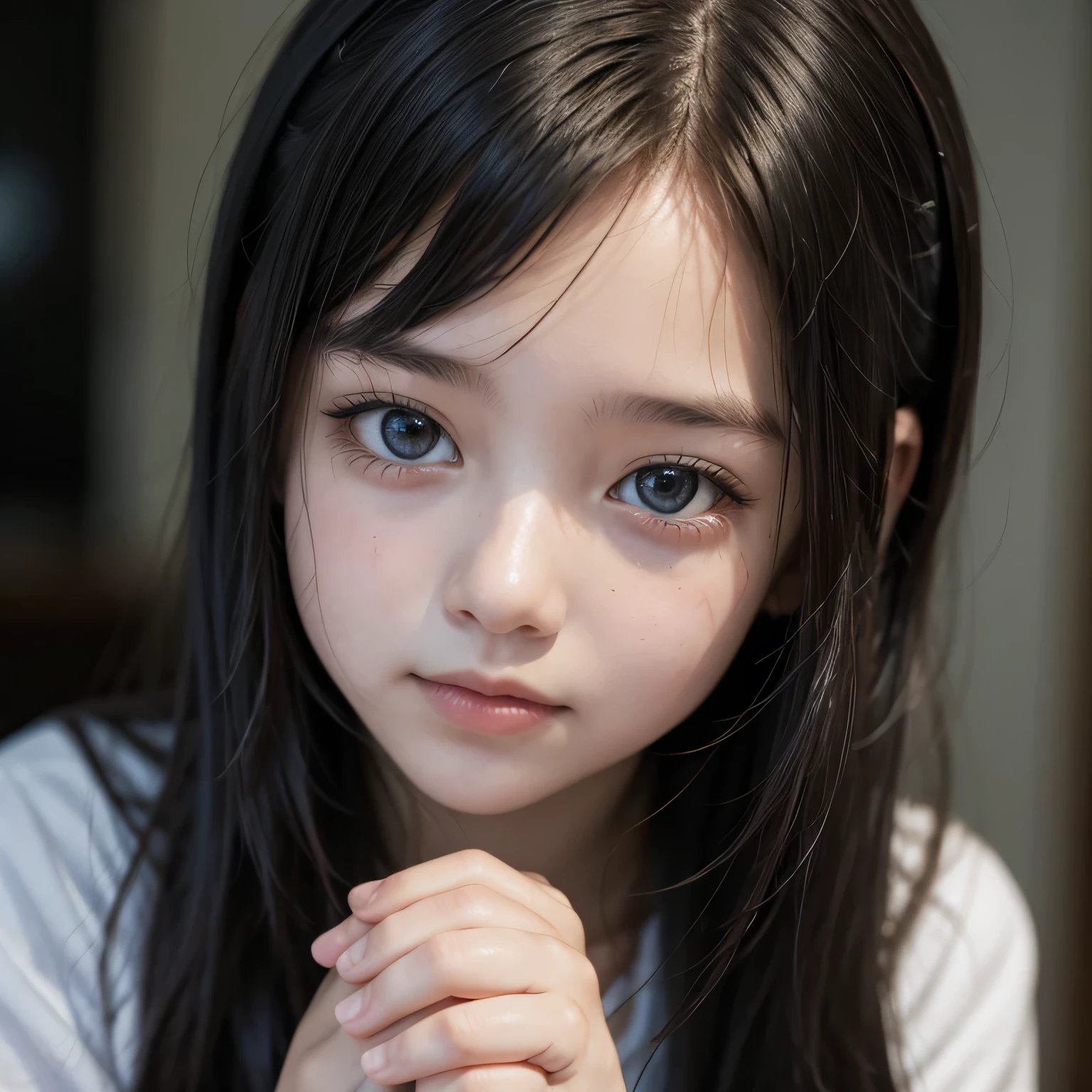 from above,(wariza:2),sullen face,look up,10-year-old Elementary school girl with long black hair