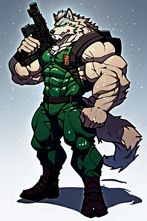 A Right Side Upper Body picture of a Very Muscular Furry style Gray Wolf. he is wearing a green soldier suit. he is looking down on the floor. his both hand are holding a large gun. he is biting his very sharp teeth. he is very Angry. He is standing