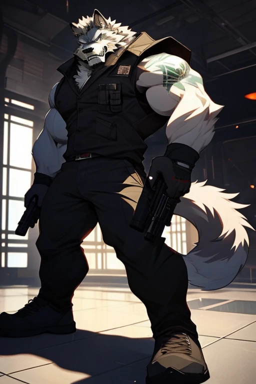 A Right Side Upper Body picture of a Very Muscular Furry style Gray Wolf. he is wearing a green soldier suit. he is looking down on the floor. his both hand are holding a large gun. he is biting his very sharp teeth. he is very Angry. He is standing