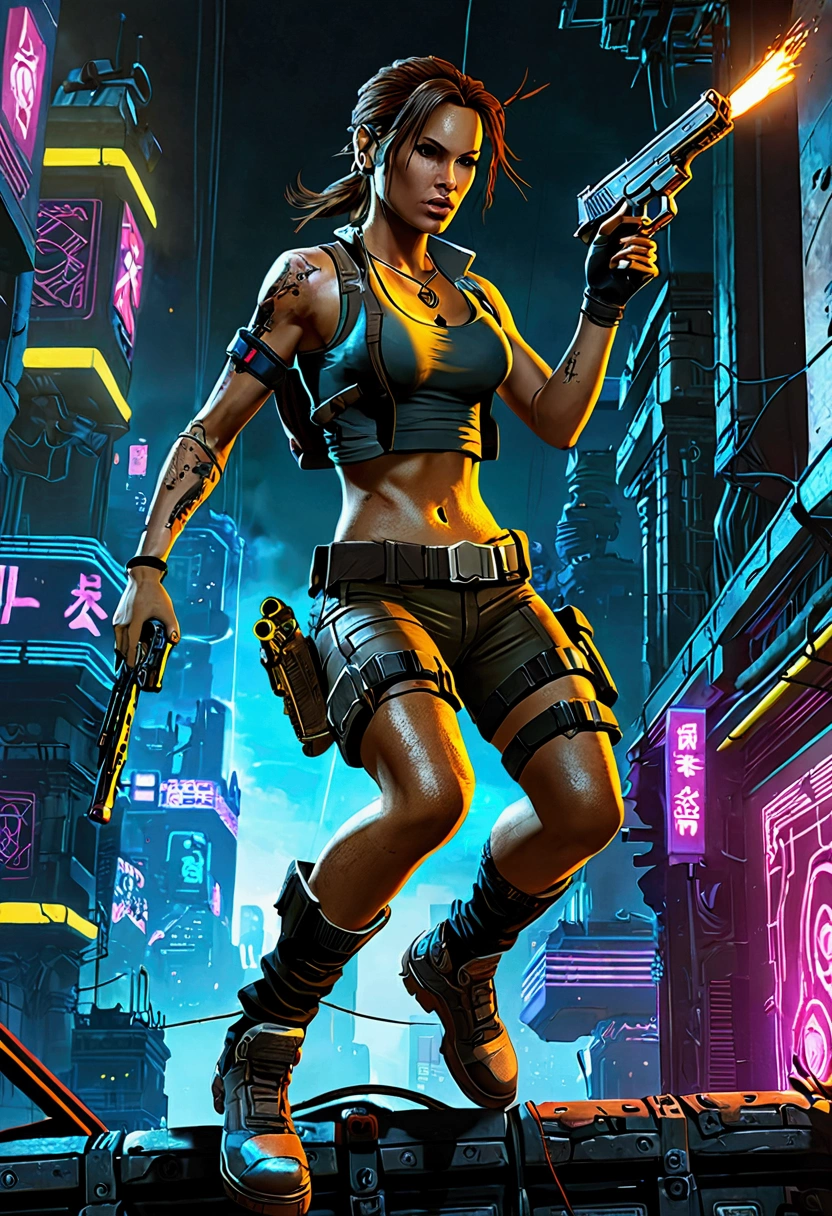 Lara Croft in cyberpunk style, shoots a gun while jumping