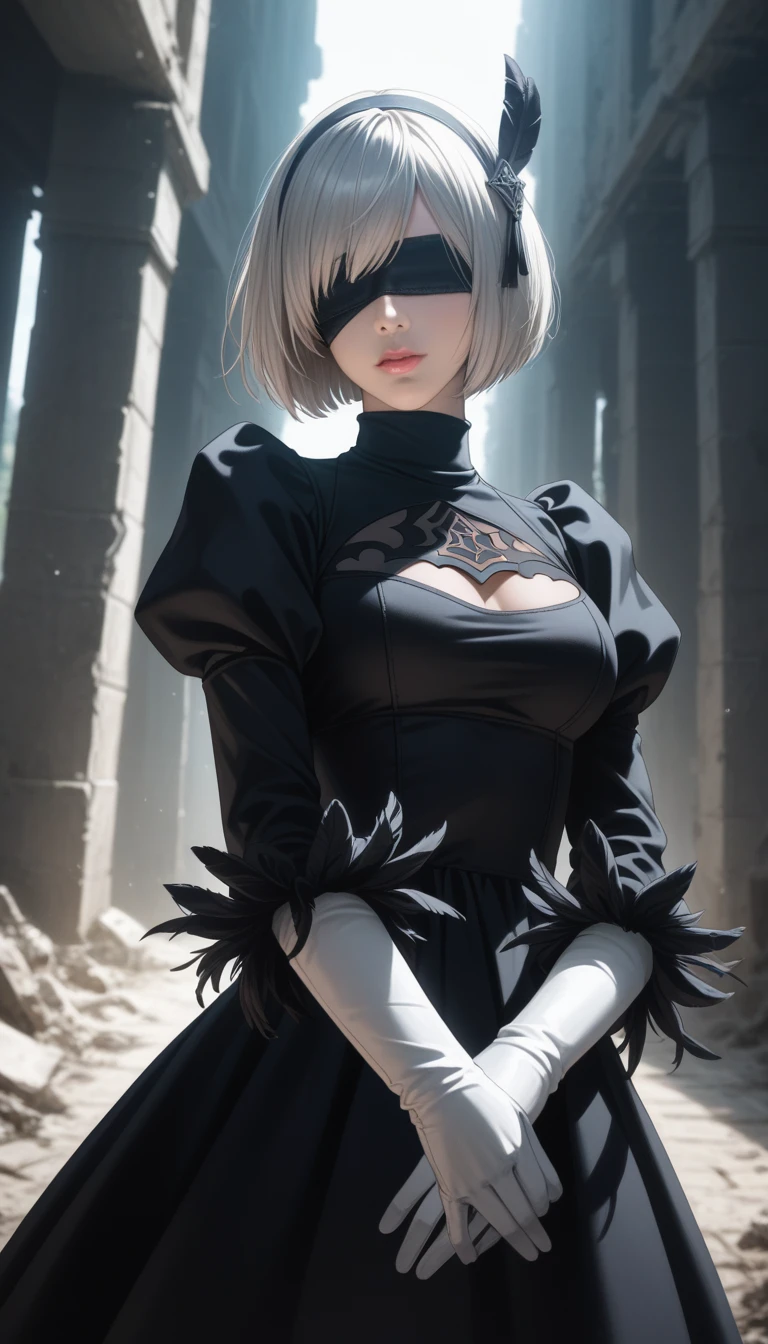 score_9, score_8_up, score_7_up, 32k,masterpiece, highest quality, photo realistic, vibrant colors, chiaroscuro lighting, cinematic lighting,
2B Nier Automata, 
bob cut, gray hair, bangs, blindfold, pink lips,
black goth dress, long sleeve, Juliet sleeve, white gloves, turtleneck, feather ornament, feather ornament sleeves,
ruins, a ruined world, a devastated battlefield, picturesque, beautiful scenery, fantastic night sky
seductive pose, cinematic angle,