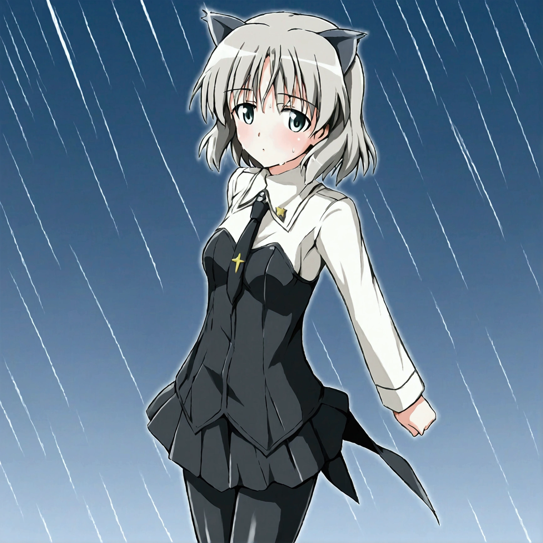 (8k, Best Quality, Anime Style, View your viewers, Intricate details:1.3),(One woman, Strike Witches Sanya, Possessing a firearm), (Striker unit installed, Sweating, The whole body is visible, Being hit by rain, In the air)