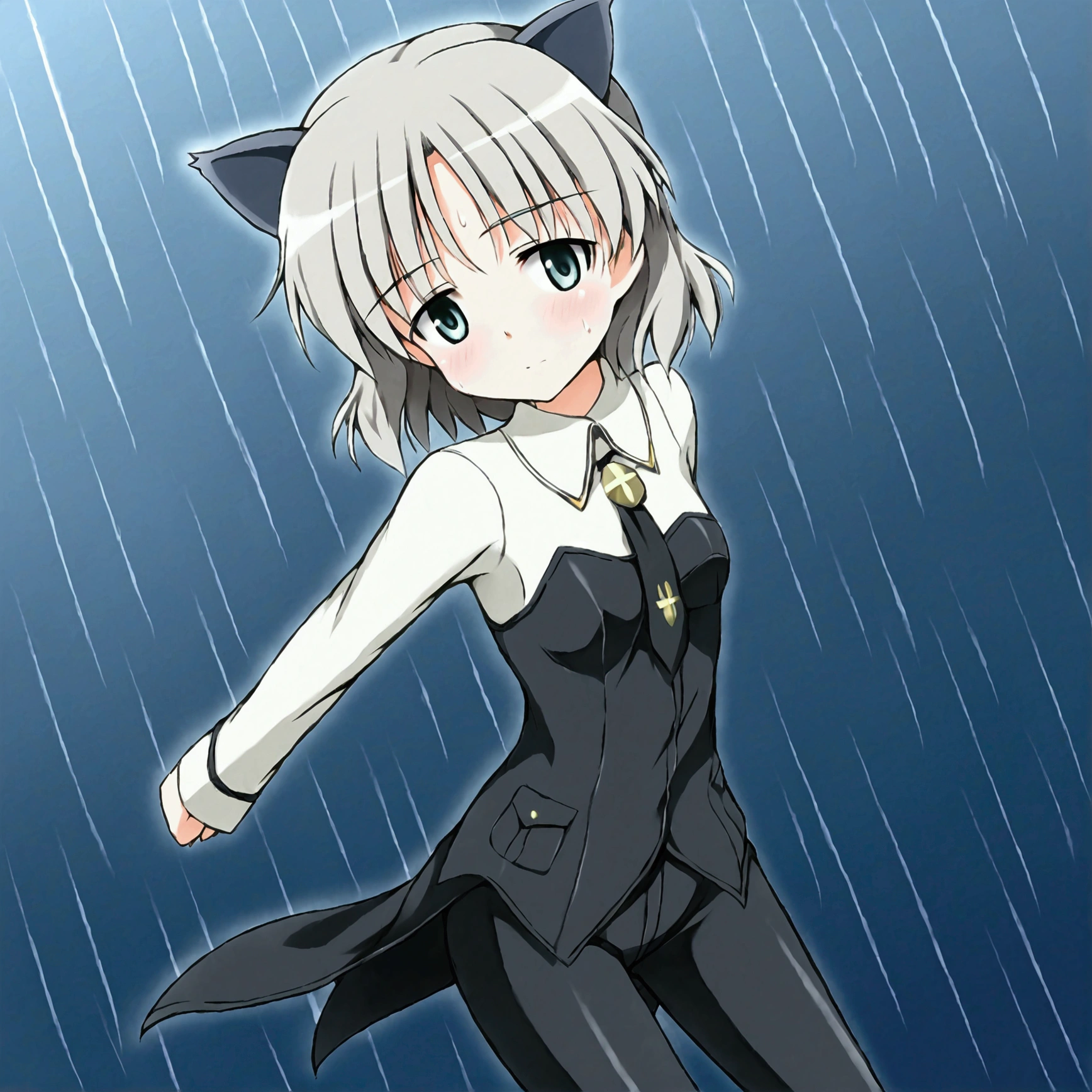 (8k, Best Quality, Anime Style, View your viewers, Intricate details:1.3),(One woman, Strike Witches Sanya, Possessing a firearm), (Striker unit installed, Sweating, The whole body is visible, Being hit by rain, In the air)