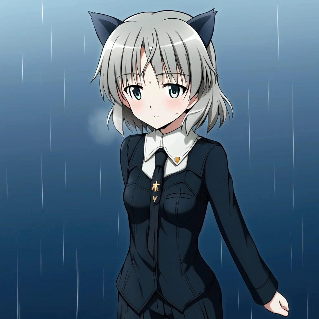 (8k, Best Quality, Anime Style, View your viewers, Intricate details:1.3),(One woman, Strike Witches Sanya, Possessing a firearm), (Striker unit installed, Sweating, The whole body is visible, Being hit by rain, In the air)