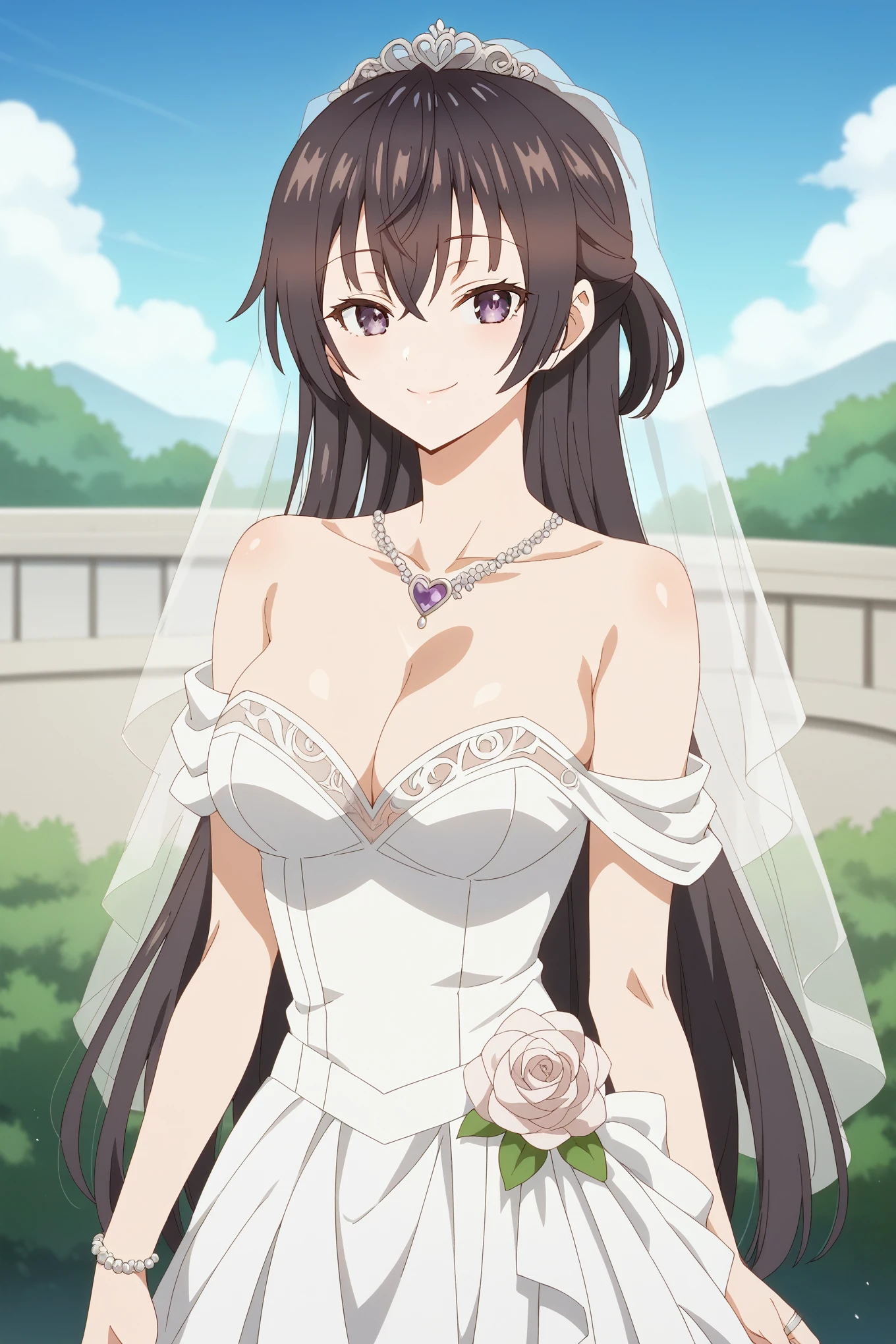 score_9, score_8_up, score_7_up, score_6_up, source_anime, BREAK, 1girl, yuki suou, long hair, bangs, brown hair, black hair, hair between eyes, purple eyes, half updo,  smile, looking at viewer, wedding dress, wedding veil, off shoulder, cleavage, smile, wedding ring, outdoor, sky, standing, cowboy shot, smile, mediumbreasts, anime screencrap, jewelry