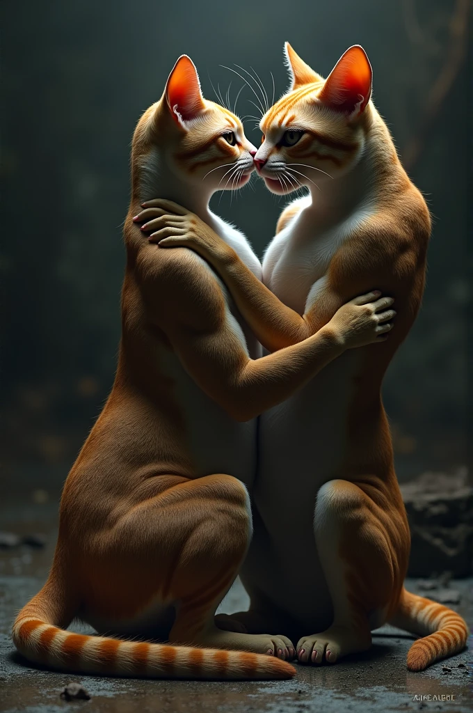 3d、Ultra HD、Side view、Digital Art、Real People、Two people with human bodies and cat faces hugging each other、Hugging