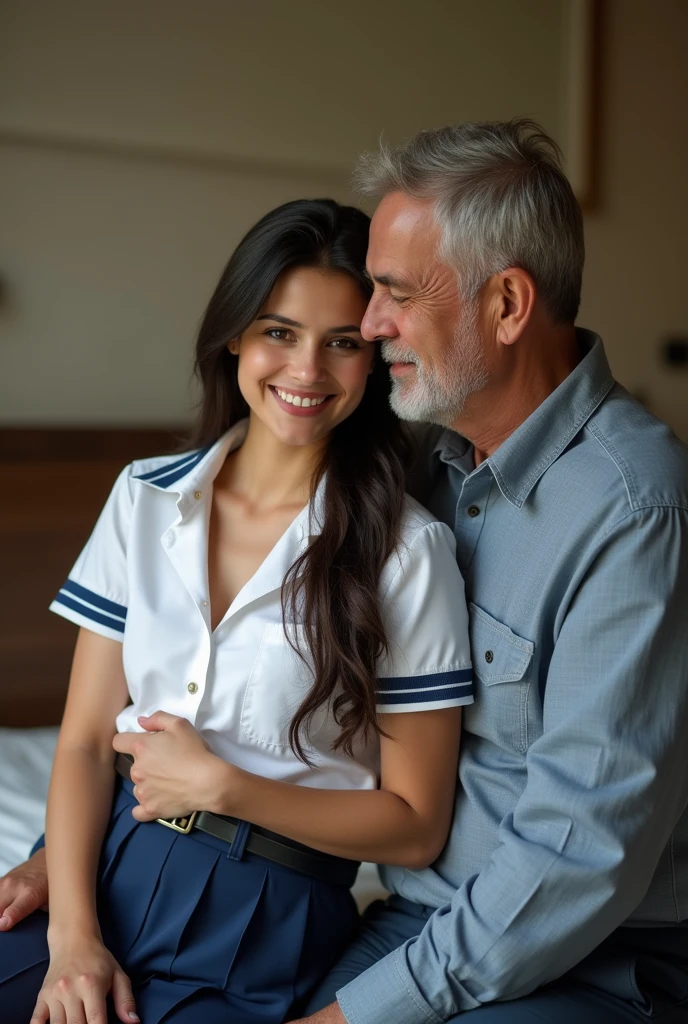 extremely detailed CG unity 8k wallpaper,best quality, masterpiece, ,Wide-Angle, 85mm, masterpiece, UHD, anatomically correct, super detail, high quality, award winning, 1080P, HD, 16k, ((masterpiece)), best quality, 8K, HDR , Selfie of a 21-year-old girl with an attractive 60-year-old mature man, wears silk pajamas