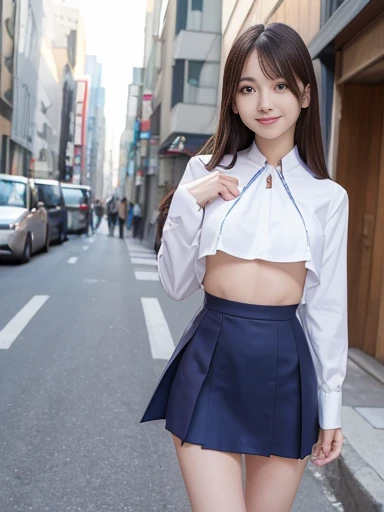 extremely detailed CG unity 8k wallpaper, best quality, ultra-detailed, masterpiece, realistic, photo realistic, extremely detailed cute girl, 20years old, (skirt lift), ((skirt lift by myself)), white panties , panties focus, blush, parted lips, looking at viewer  , half body shot , wearing frilled shirt  , crowd, crowded city,