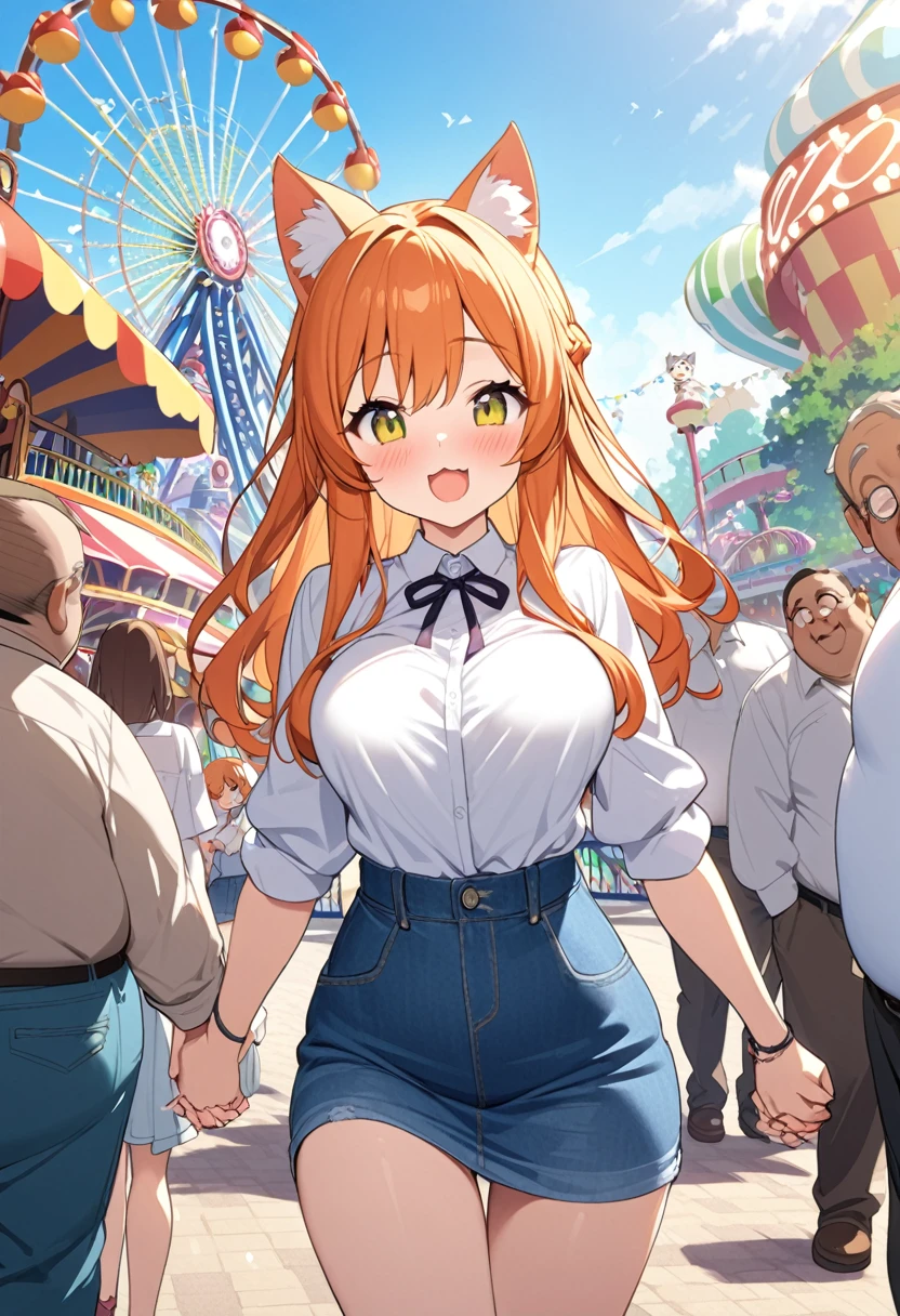 Young girl、Very cute、Young、Firm breasts、White shirt、Denim skirt、Orange Hair、High Quality Backgrounds、Fat Uncle、Holding hands、amusement park、Enjoy a date、Cat ears、Cat&#39;s Tail、Short Hair