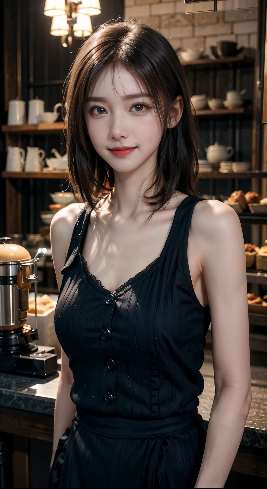 24 years old beautiful girl, (bob hair),(showing armpits), wearing naked apron, off-shoulders, show cleavage, full body photo, standing pose. Naked, at coffee shop, daring pose