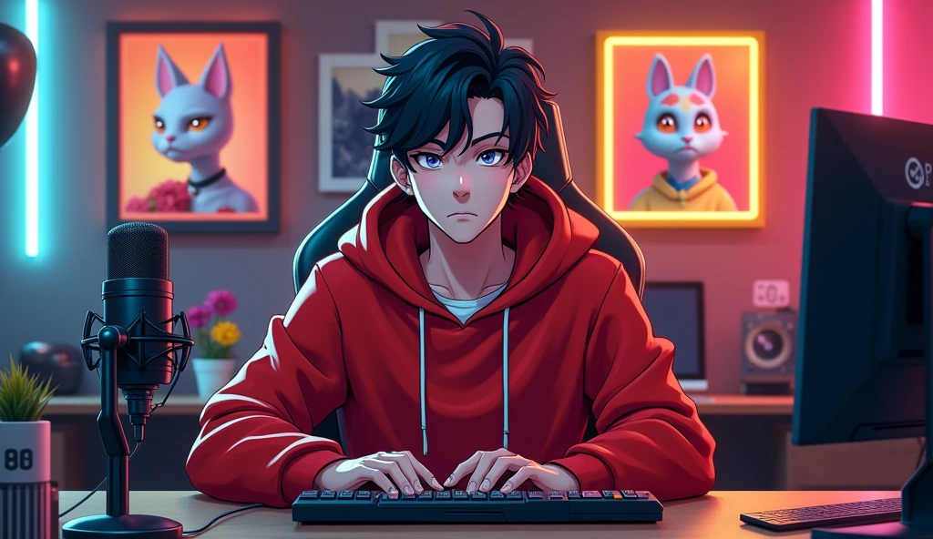 ANIME OF A MAN WEARING A RED AND WHITE HOODIE WITH WRITING "VIPER" WHILE PLAYING PC GAMING AND SMOKING AND WITH A GAMING ROOM BACKGROUND WITH A PALESTINIAN FLAG MOTIF 
