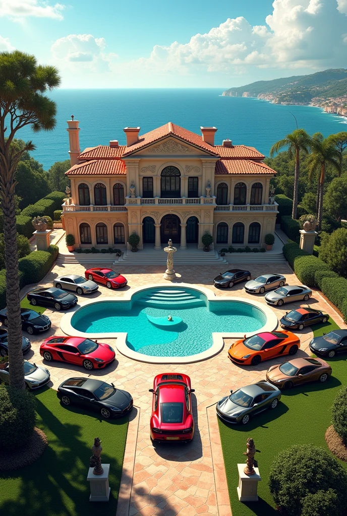 rich blonde women in bikinis and beachwear heading towards a gigantic modern minimalist mansion with infinity pool and luxury cars parked in the garage of the mansion ferrari and lamborghinis