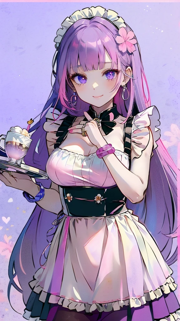 ((masterpiece, ultra high definition, ultra high resolution, 8K quality)), ((((one beautiful woman))))), (((shining Purple long straight hair))), ((blunt bangs)), ((shining Purple eyes)), ((highlights on eyes)), ((very long eyelashes)), (((Pink colored Japanese maid dress))), (((very large breasts, slim body))), (((charming smile))), (((upper body, beautiful standing pose))), (((cute earrings, bangles, bracelets, rings))), Holding a coffee cup on a tray, ((Pink flower garden in background))
