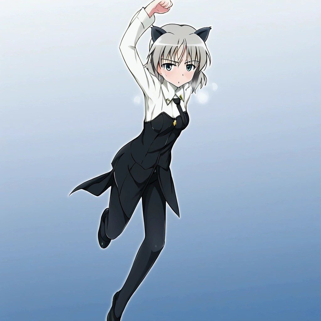 (8k, Best Quality, Anime Style, View your viewers, Intricate details:1.3),(One woman, Strike Witches Sanya, Possessing a firearm), (Striker unit installed, Sweating, The whole body is visible, In the air)