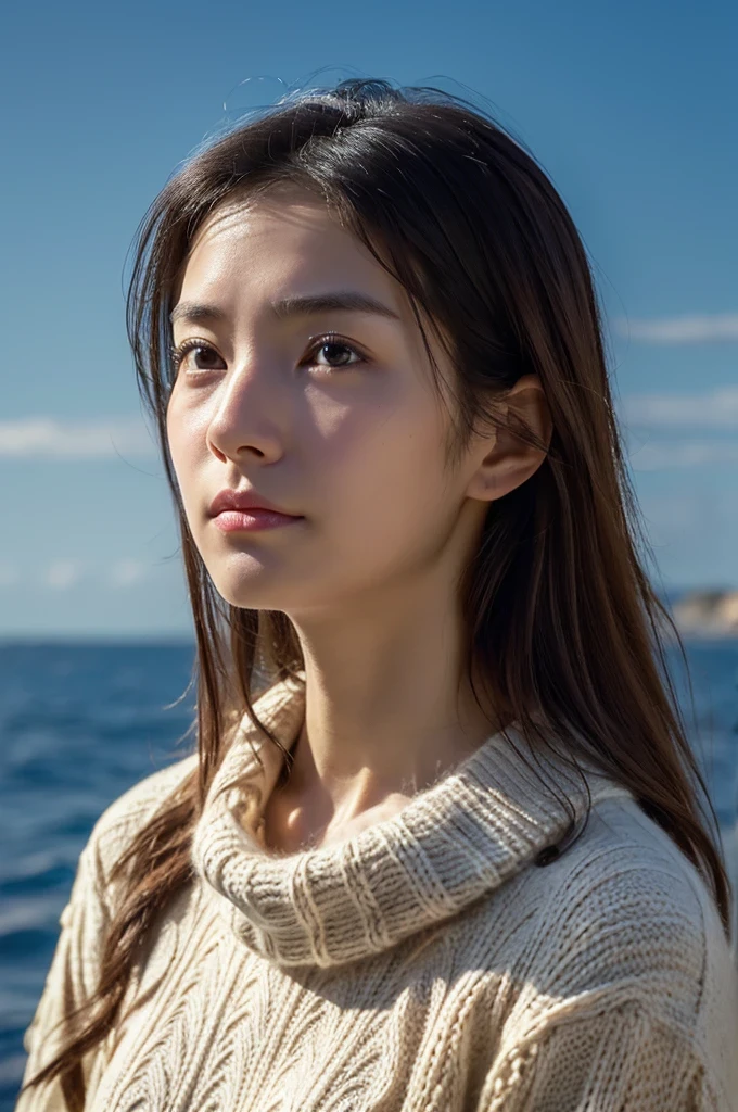 (knitwear), (top-quality, masterpiece:1.3, Super high resolution), (Photorealsitic:1.4, RAW shooting), Ultra-realistic capture, A highly detailed, high-definition 16K for human skin, Wistful, A skinny Japanese woman, 30 years old, cute face, ((Sadness face)), detailed face, detailed eyes, ((correct anatomy)), A dark-haired, Middle hair, ((Background of the sea in a starry night)), (((looking up afar at starry sky))), hair blowing in the wind