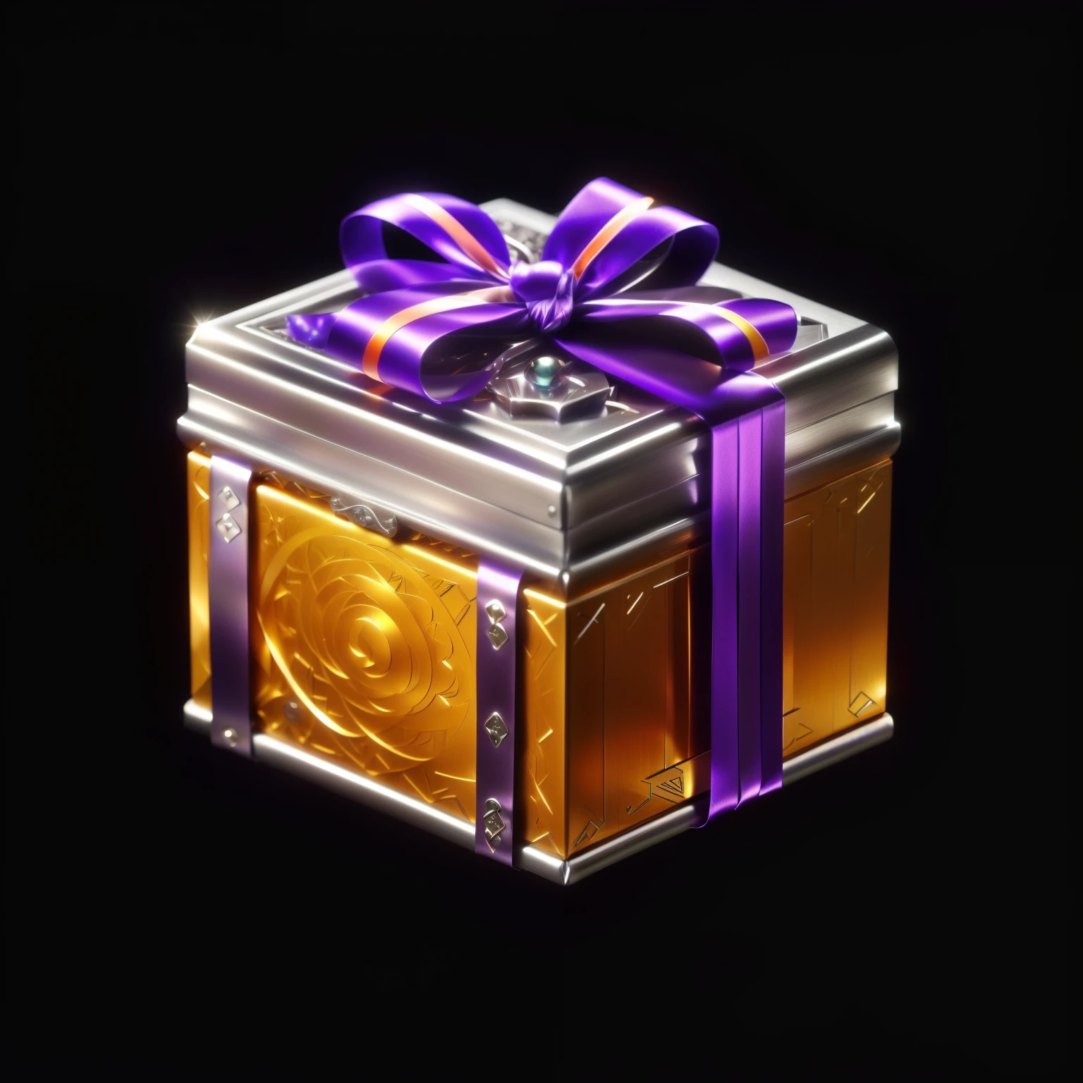 (masterpiece:1.1), (:1.1)，A purple ribbon wrapped around a silver and orange gift box,银白色金属Treasure Chest中间镶嵌紫色宝石，Metal material,Metallic luster，Science Fiction，Technology，Reality，Realism，Treasure Chest