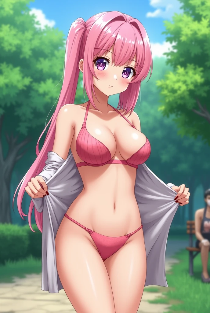 masterpiece, best quality, ultra detailed, best illustration, nsfw, 1girl, one-piece swimsuit, nakano nino, pink hair, butterfly hair ornament, nipple, nude, pussy, love juice