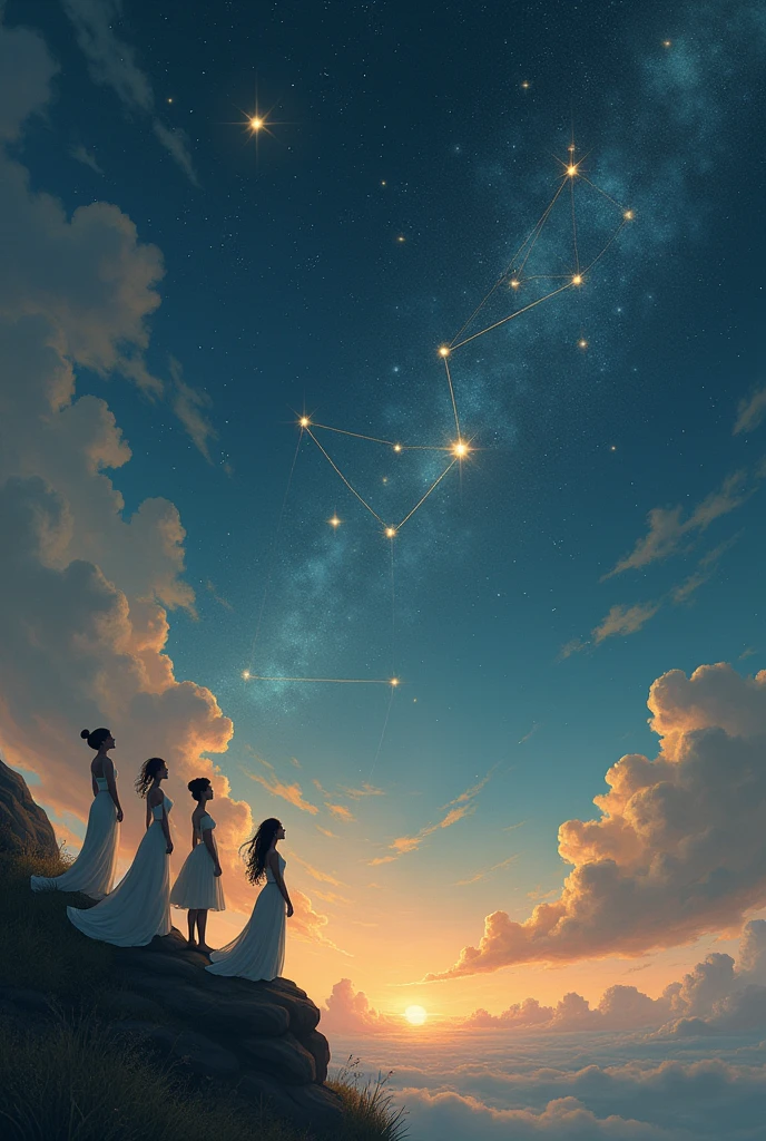 an elegant, starry night sky with subtle imagery of celestial bodies, and 5 girls standing backwards in sophisticated, otherworldly outfits.