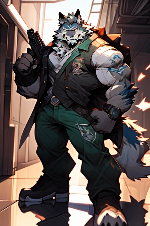 An Right And Upper Body Picture of a Very Muscular Furry style Gray Wolf. he is wearing a green soldier Suit. he is looking down on the floor. his both hand are holding a large gun. he is biting his very sharp teeth. he is very Angry. He is standing On The Floor