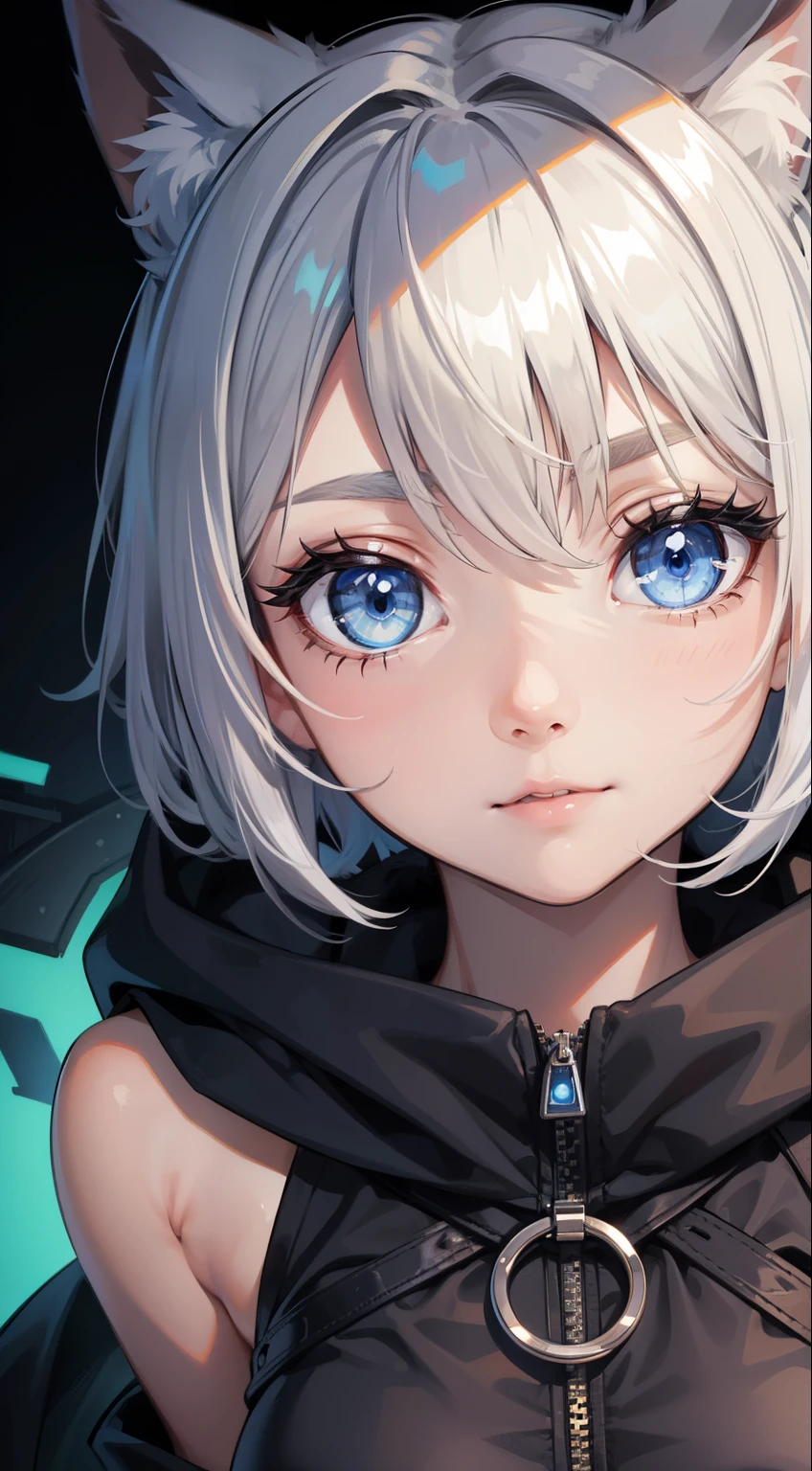 (masterpiece), (best quality), (High quality), high resolution, perfect anatomy, BREAK expressive eyes, perfect face, 1girl, grey cat ears: 1.5, medium hair, grey hair, pixie cut, BREAK, (big eyes, perfect eyes), ((blue eyes:1.2)), (glowing eyes:1.2), thick eyelashes, thin eyebrow, BREAK short height, slim bulid, happy smile, medium breasts, BREAK (long black hoodie, loose fit, sleeveless, bare arms), (black and red checkered mini skirt), (black stockings), black boots BREAK standing, upper body, bust, portrait, face close up, face_focus, view from the front,