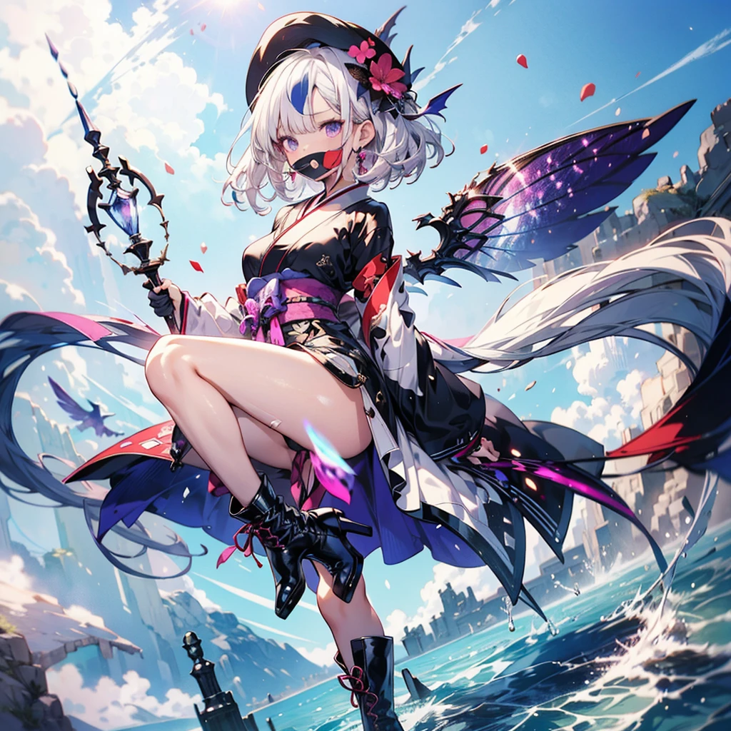 best quality, masterpiece, Anime game Arcane Garden's of the Great White Empire - Girl, medium emerald hair, pink empty eyes, turquoise haori, one long dark blue stocking, one short dark blue stocking, blue hair ornaments, black shoes, lilac fabric umbrella, white ribbons, uphill stone path, dense forest, shrine in background