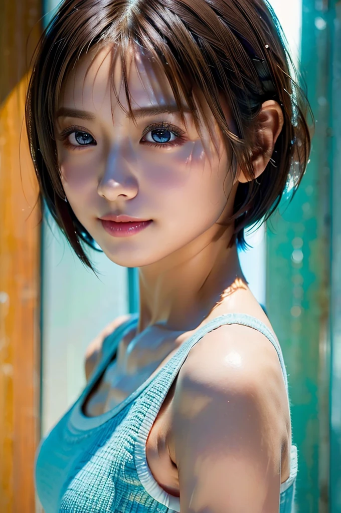(best qualtiy,4K:1.3),hyper realisitic,(Colossal tits: 1.2), Cheerful woman ,1Man Woman, short-hair, poolparty,Detailed eyes,二重まぶた,Sensual dress with low collar,hanging breasted,Super Detailed Face,Detailed lips