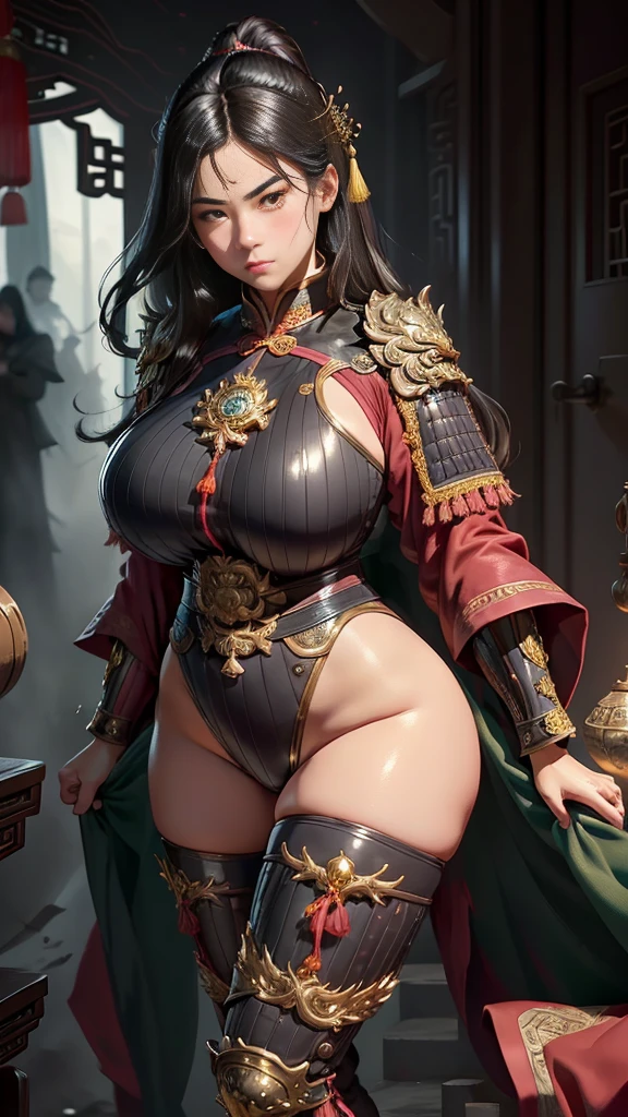 (High resolution, Pixels are perfect, luxurious illustration), (hyper quality, masutepiece, Ethereal: 1.4), (Solo:1.4), (((Black hair))), (Yellow eyes),  ((angry)), pale skin, ((thick thighs)), ((big breasts)), (((wide hips))), Woman,  (((chinese armor))), (Black Leotard), ((Butt sticking out pose)), Extremely detailed , Photorealistic , ((Open your legs slightly)), Very deep eyes, Perfect eyes, (Shiny skin), (facials), ((blush)),