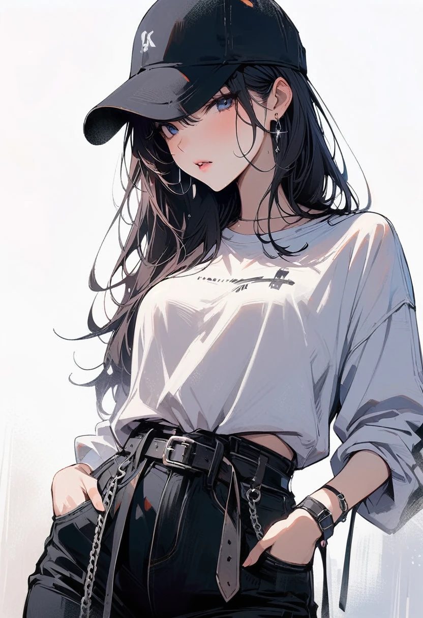 (Realistic painting style:1.0), Masterpiece, Best quality, absurderes, comic strip, illustration,
1 girl, long hair, black hair, Cute girl, young and cute girl, korean  girl, {breasts}, 
a girl leaning against a wall, with her hands on her hips, simple style, simple clothes, with ripped crop t-shirt, casual clothes