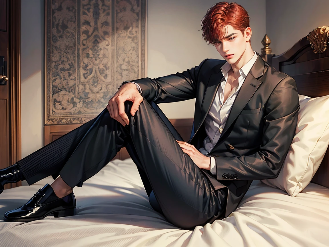 Man, male, young, boy, red hair, brown eyes, naked, penis, erect penis, penis, Elf, Sitting, bedroom scenery