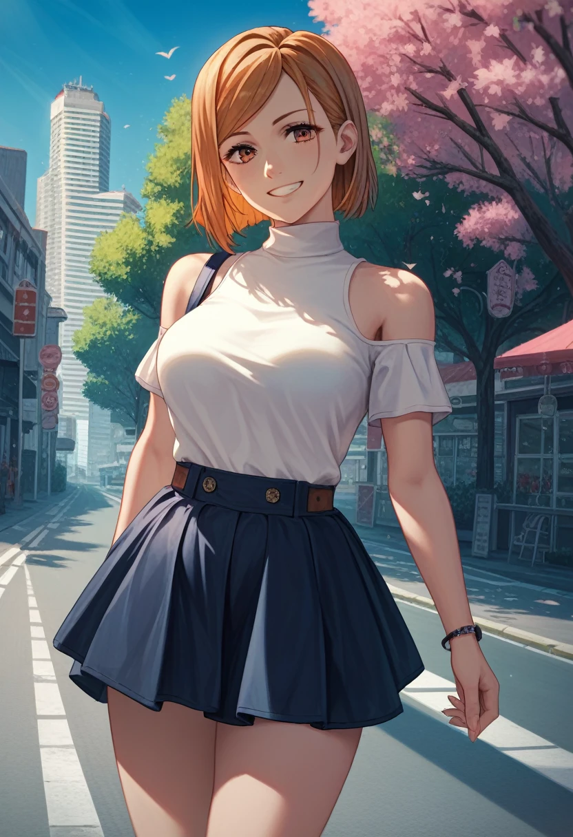 score_9, score_8_up, score_7_up,score_6_up, source_anime, solo, medium breast, sharp gaze, sakura tree on the side of the road, 1girl, kugisaki nobara, smile, looking at viewer , white shirt, off-shoulder shirt, white tight sleeveless turtleneck, short thight skirt, outdoors, city street, blue sky,4K,Detailed,4k highly detailed digital art,masterpiece,best quality,ligne claire,(cool_color),perfect composition,absurdres, {Highest quality}, {so beautiful}, {Very detailed}, {Best illustrations},{uncensored}