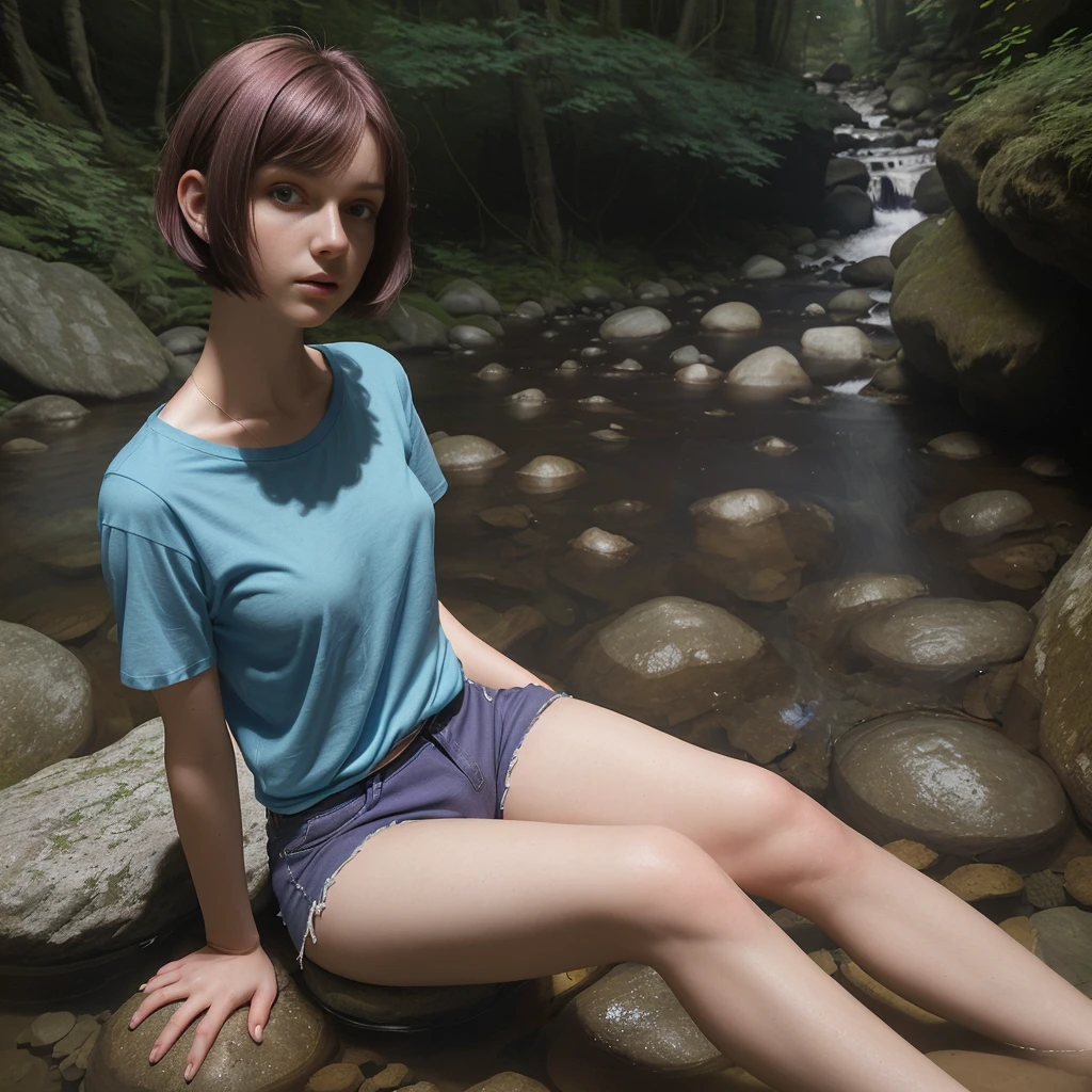 Jennifer lopez, Realistic, photorealism, photo-realistic, high contrast, 8k high definition detailed realistic, best quality, highly detailed, 1mulher, white skin, seductive poses on the floor, in a Japanese forest with a lake, skinny body, anorexic, enormous breasts, wearing extremely sensual outfit, bicycle black outfit with zipper, black latex bike crop top with zipper, bike shorts, exposed navel, side cutout, short red hair, long white socks, platform sneakers, smile, camel toe.