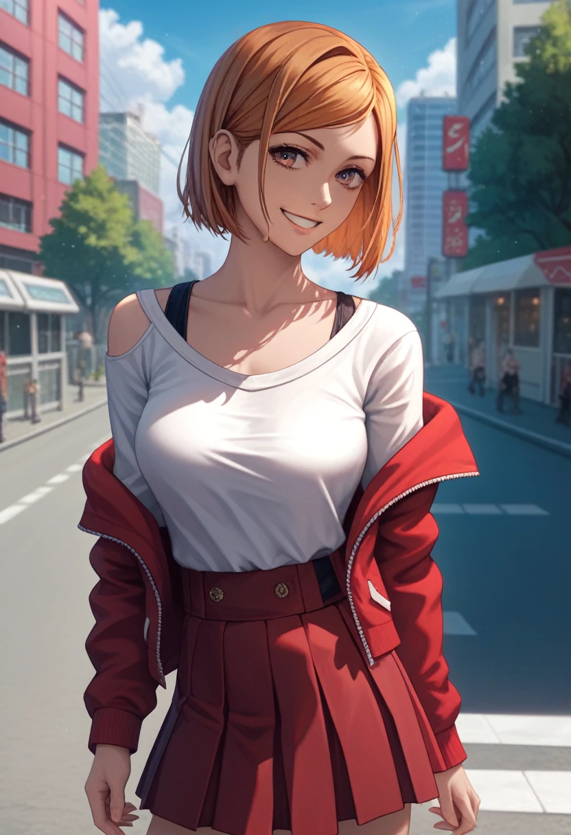 score_9, score_8_up, score_7_up,score_6_up, source_anime, solo, medium breast, sharp gaze, sakura tree on the side of the road, 1girl, kugisaki nobara, smile, looking at viewer , white shirt, off-shoulder shirt, red tight hoodie, short thight skirt, outdoors, city street, blue sky,4K,Detailed,4k highly detailed digital art,masterpiece,best quality,ligne claire,(cool_color),perfect composition,absurdres, {Highest quality}, {so beautiful}, {Very detailed}, {Best illustrations},{uncensored}