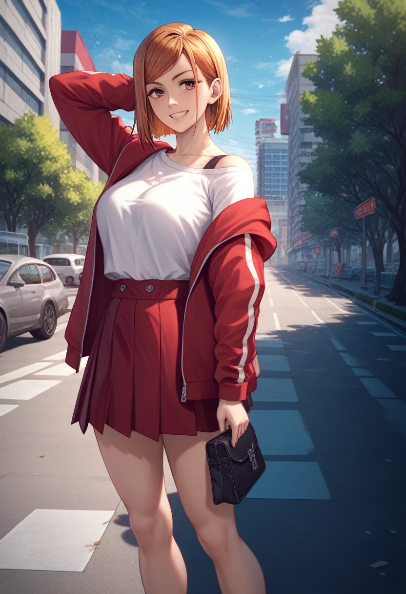 score_9, score_8_up, score_7_up,score_6_up, source_anime, solo, medium breast, sharp gaze, sakura tree on the side of the road, 1girl, kugisaki nobara, smile, looking at viewer , white shirt, off-shoulder shirt, red tight hoodie, short thight skirt, outdoors, city street, blue sky,4K,Detailed,4k highly detailed digital art,masterpiece,best quality,ligne claire,(cool_color),perfect composition,absurdres, {Highest quality}, {so beautiful}, {Very detailed}, {Best illustrations},{uncensored}