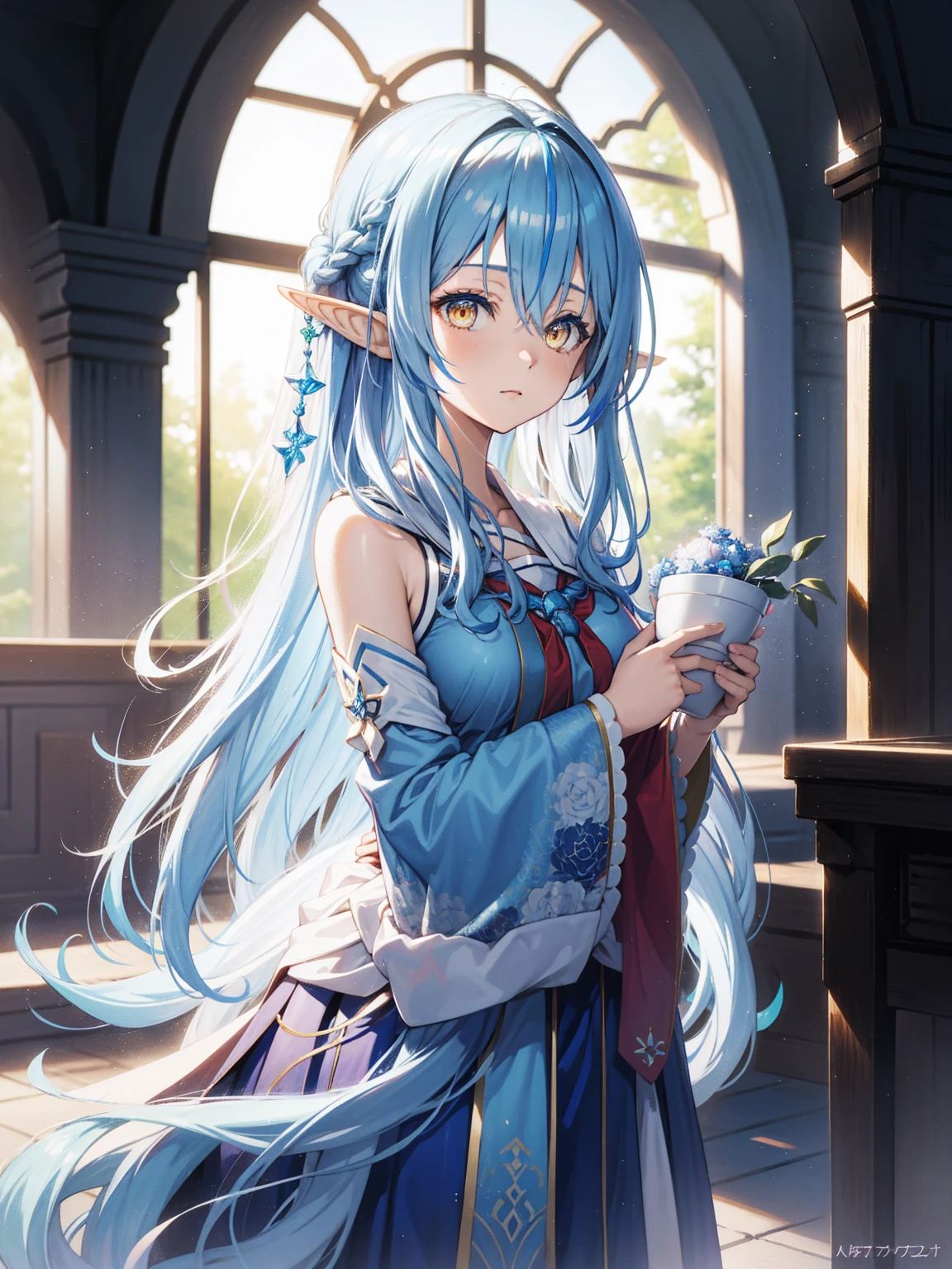 Anime Girl, Fantasy illustrations, Flowing hair，Dress，Transparent clothing， Beautiful young elf, Dark blue hair，happy，和水玩得happy，Taking a shower，Beautiful fantasy anime, Shiny and flowing hair, Ethereal Anime, Beautiful anime artwork, Beautiful digital artwork, Anime Fantasy Artwork, ((Beautiful fantasy queen))，Yukihana Lamy