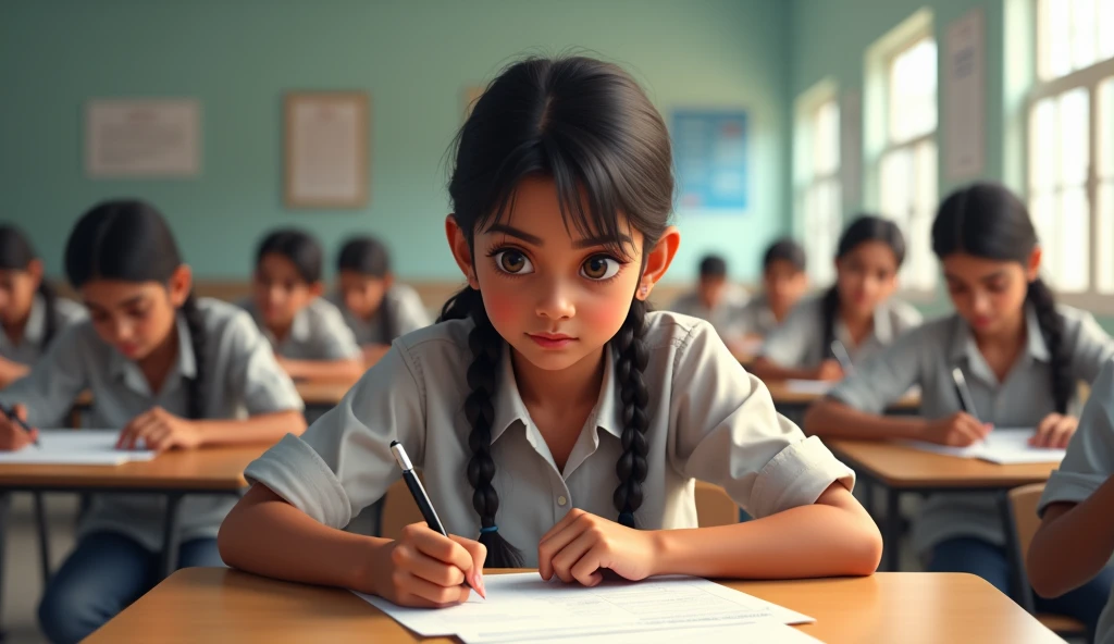 A indian short girl in type writing class with knit very long hair.wear chutidar.big eyes name giri