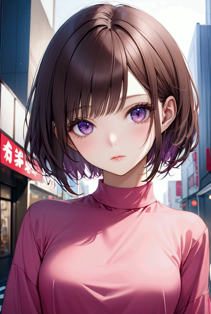 Ultra high quality, high quality, premier quality, ultra detailed, photorealistic, 8K, RAW photo, top quality, masterpiece, attractive girl, stunning girl, purple eyes, brown hair, semi bob, asymmetrical bangs, cropped ends, red inner color, Japanese idol, sophisticated, stylish, Pink blouse, Shibuya, 