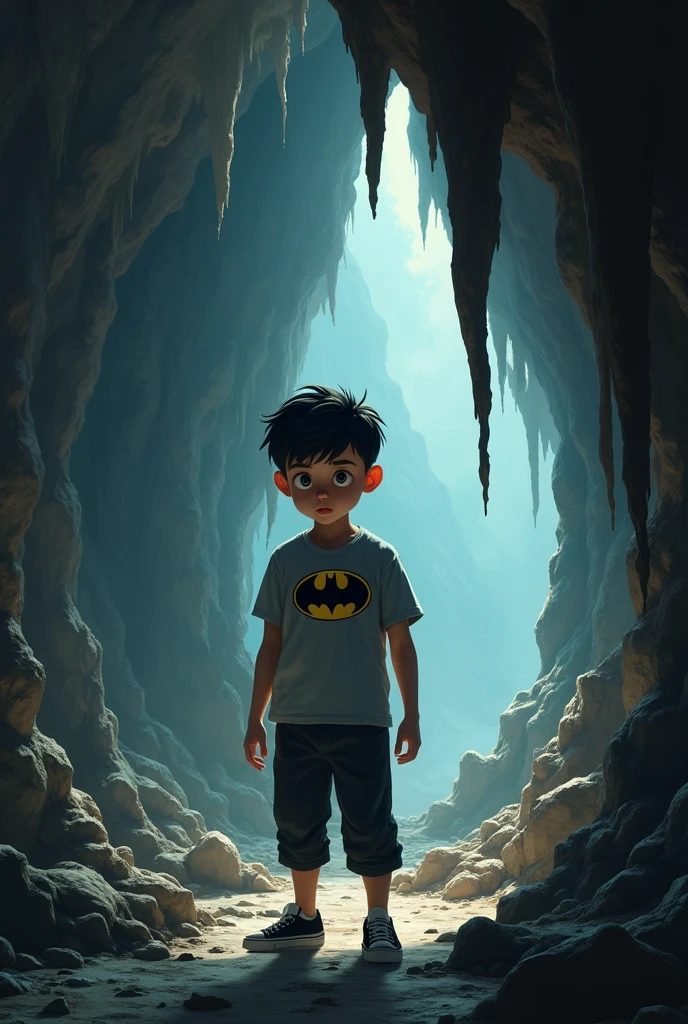 A black haired white  boy wearing a grey batman tshirt and black pants lost in a cave