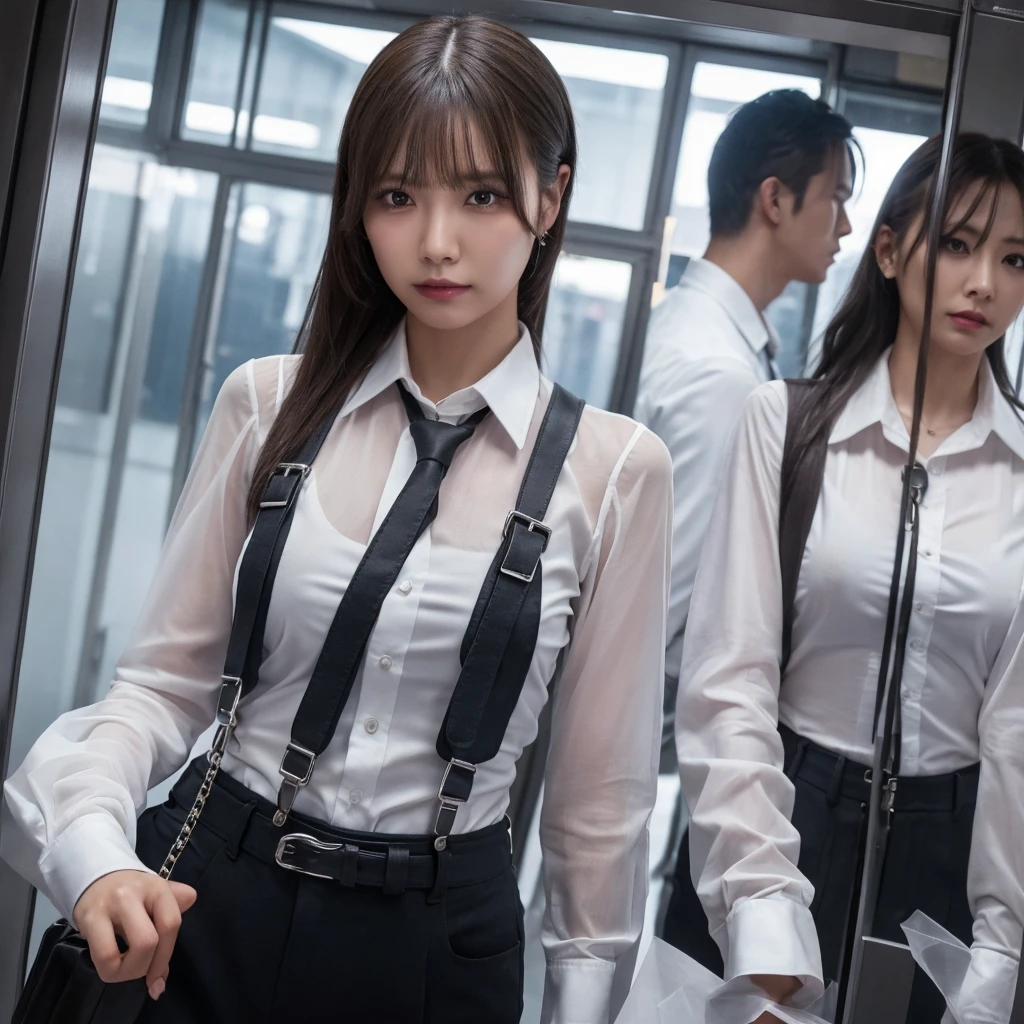 a woman in a suit, belt, hands behind back, sweating, suspenders, black pants, large breasts, see-through clothing, rain, detective, office worker, white button-up shirt, (best quality,4K,8k,highres,masterpiece:1.2),ultra-detailed,(realistic,photorealistic,photo-realistic:1.37),hyper-detailed,highly detailed face and body, Slender　thin　suspenders　Moderate breasts　See-through shirt　Nipples　holster　chain　Pistol　Armament　criminal　Female criminal　knife 　 Hands Behind Back　Constraints 程よい胸 黒いマスク
