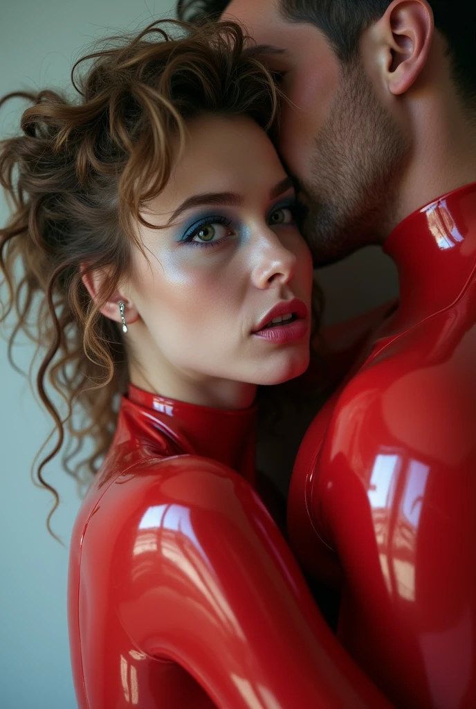 swedish woman, young, naked, very curly mullet, septum piercing, dimples, thick belt around neck, naughty expression, man laying on woman's back, man laying flat on woman, man wrapping his arm around woman's neck, transparent red shiny latex bodysuit, close-up, UHD, retina, masterpiece, accurate, anatomically correct, textured skin, super detail, high details, high quality, award winning, best quality, highres