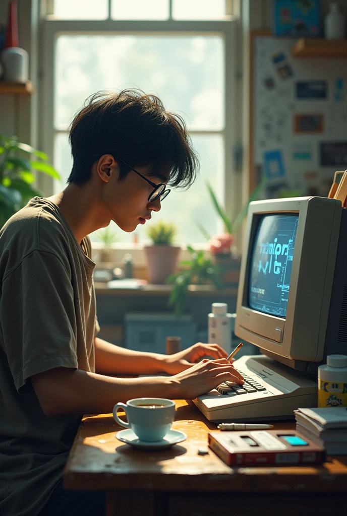 digital art, 25 year old student, wearing glasses,in front of ibm pc 90s, there is a diskette on the table, a cup of coffee, cigarette, books, in a messy room, a bit shabby,light from the blurry window