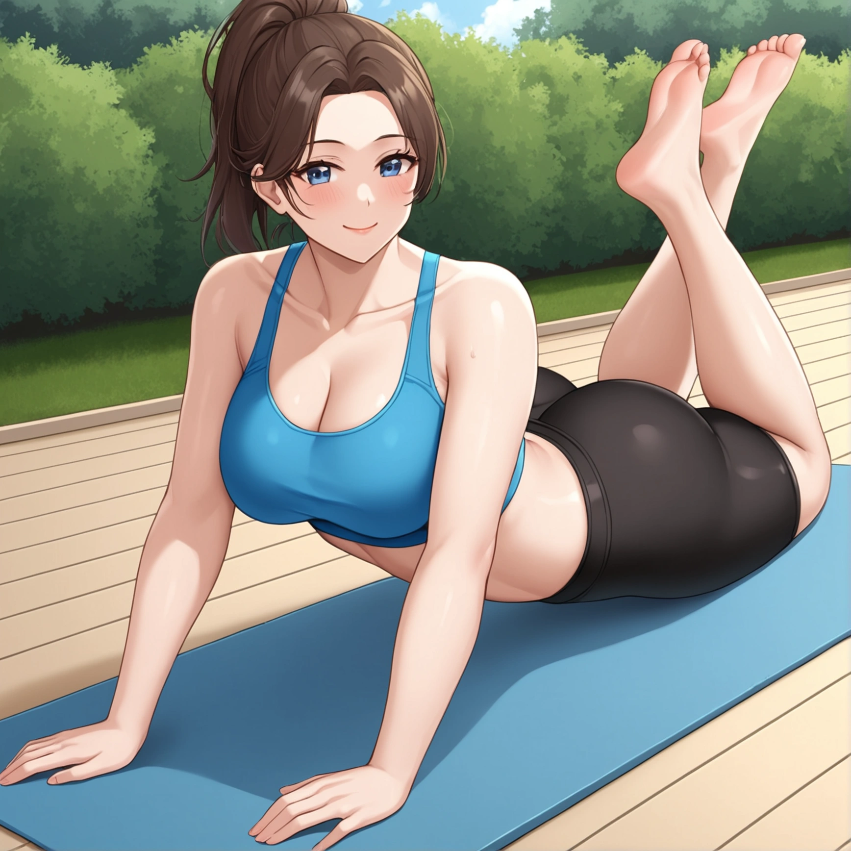 Beautiful anime woman smiling with big ass in the park,  , does yoga, id back
