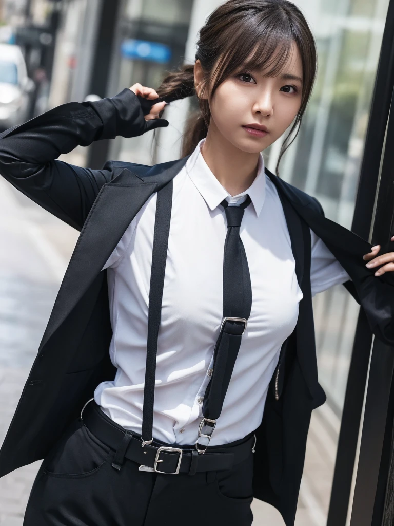 a woman in a suit, belt, hands behind back, sweating, suspenders, black pants, large breasts, see-through clothing, rain, detective, office worker, white button-up shirt, (best quality,4K,8k,highres,masterpiece:1.2),ultra-detailed,(realistic,photorealistic,photo-realistic:1.37),hyper-detailed,highly detailed face and body, Slender　thin　suspenders　Moderate breasts　See-through shirt　Nipples　holster　chain　Pistol　Armament　criminal　Female criminal　knife 　 Hands Behind Back　Constraints 程よい胸 黒いマスク
