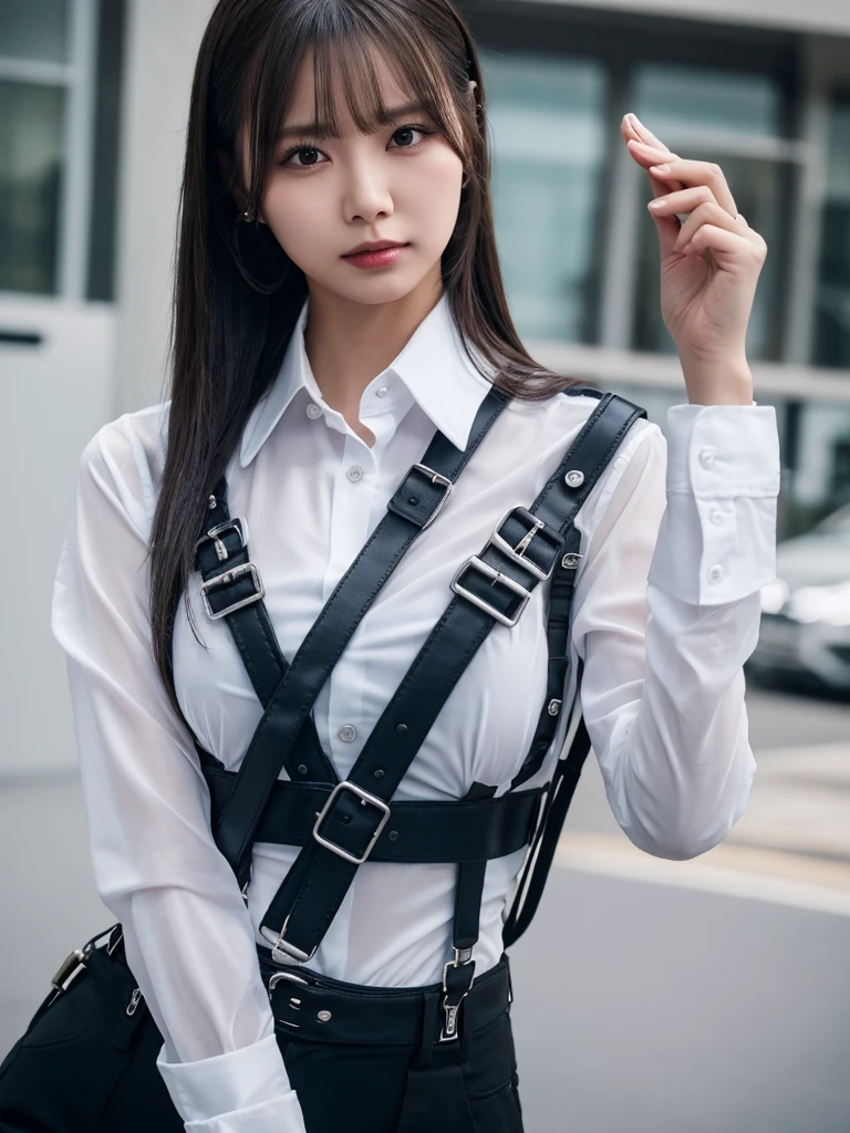 a woman in a suit, belt, hands behind back, sweating, suspenders, black pants, large breasts, see-through clothing, rain, detective, office worker, white button-up shirt, (best quality,4K,8k,highres,masterpiece:1.2),ultra-detailed,(realistic,photorealistic,photo-realistic:1.37),hyper-detailed,highly detailed face and body, Slender　thin　suspenders　Moderate breasts　See-through shirt　Nipples　holster　chain　Pistol　Armament　criminal　Female criminal　knife 　 Hands Behind Back　Constraints 程よい胸 黒いマスク
