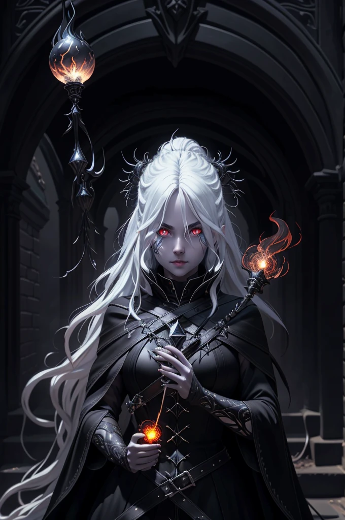 a beautiful witch with long white hair, glowing eyes, wearing black leather, conjuring a flaming sphere in her hand, looking directly at the viewer, detailed facial features, dynamic pose, dramatic lighting, highly detailed, cinematic, photorealistic, 8k, masterpiece, fantasy art