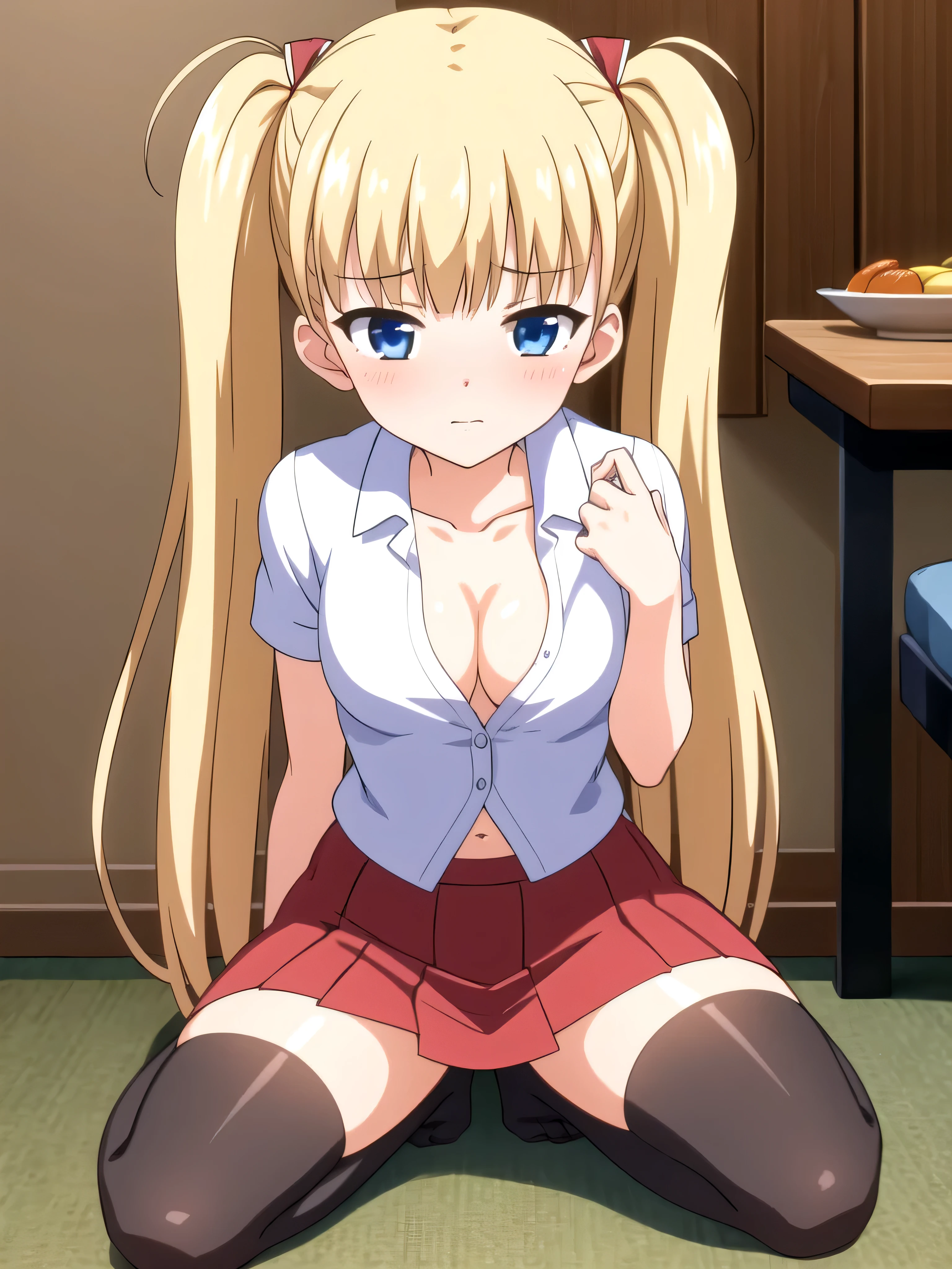 (masterpiece, Best Quality:1.2), absurdities, perfect anatomy, owtech, stylized, 1 girl, full body, looking at the viewer, blushing, shy expression, blunt bangs, Focus only, Soft lighting, (blue eyes), blonde hair, very long hair, twintails, Airi Akizuki, breast, strategic covering, navel, A beautiful and seductive girl, sexy body, black thighhighs, black stockings, wearing an unbuttoned white shirt, no bra, red skirt, She is touching herself in a sensual way.