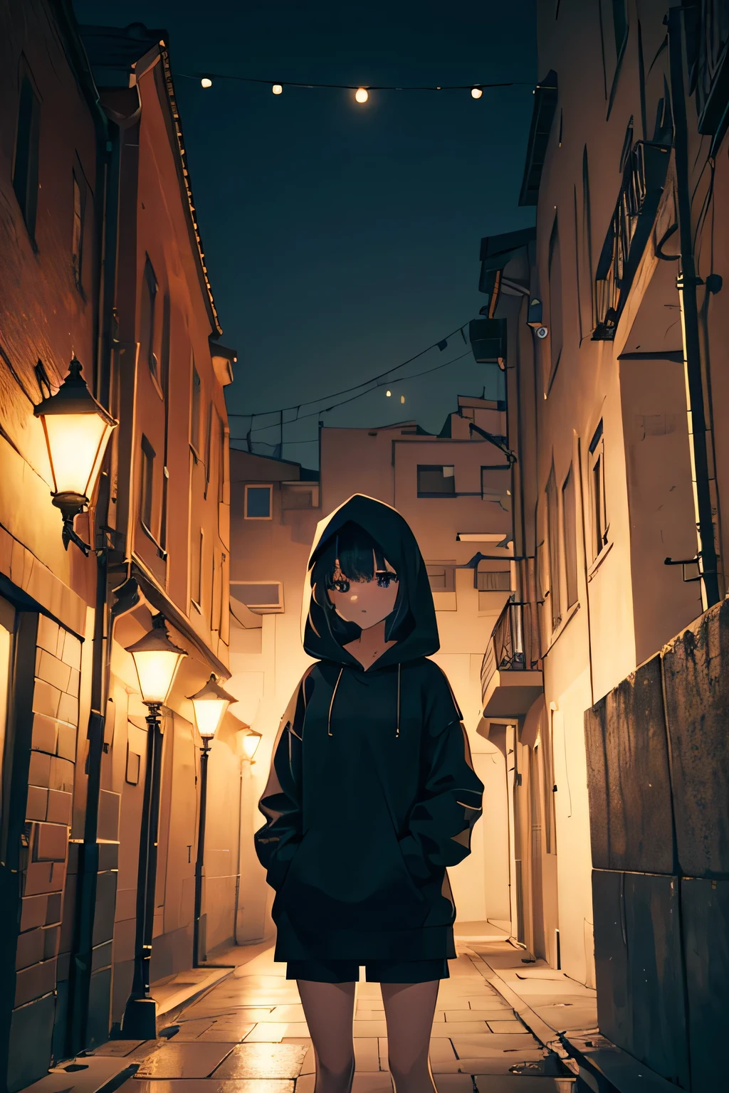 A girl stands in the middle of a courtyard against the backdrop of a nine-story residential building, evening aesthetics, quite dark, but a lamppost (standing at the end) illuminates a little, the girl does not show any emotions, dressed in a sweatshirt and shorts, in a hood, aesthetics, autumn atmosphere, USSR atmosphere. Anime style.