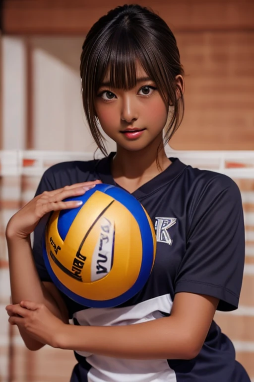 (((( one girl )))), Put your hand over your mouth、Beautiful breasts、 Brown eyes, ((Gal Hairstyles)) blonde, girl, (Eye and facial details:1.0), break, (masterpiece, Highest quality, Very detailed, Detailed face, 8k),( dark skin:2.05 ), (((( volleyball uniform )))),( open mouth ),(((( thick lips ))))