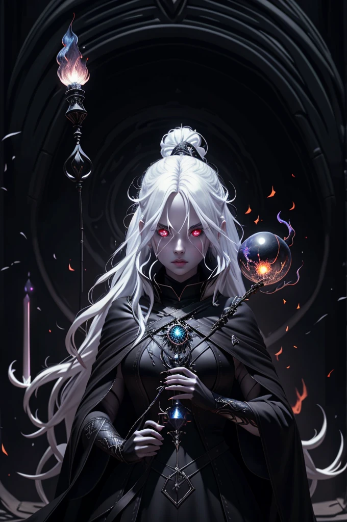 a beautiful witch with long white hair, glowing eyes, wearing black leather, conjuring a flaming sphere in her hand, looking directly at the viewer, detailed facial features, dynamic pose, dramatic lighting, highly detailed, cinematic, photorealistic, 8k, masterpiece, fantasy art