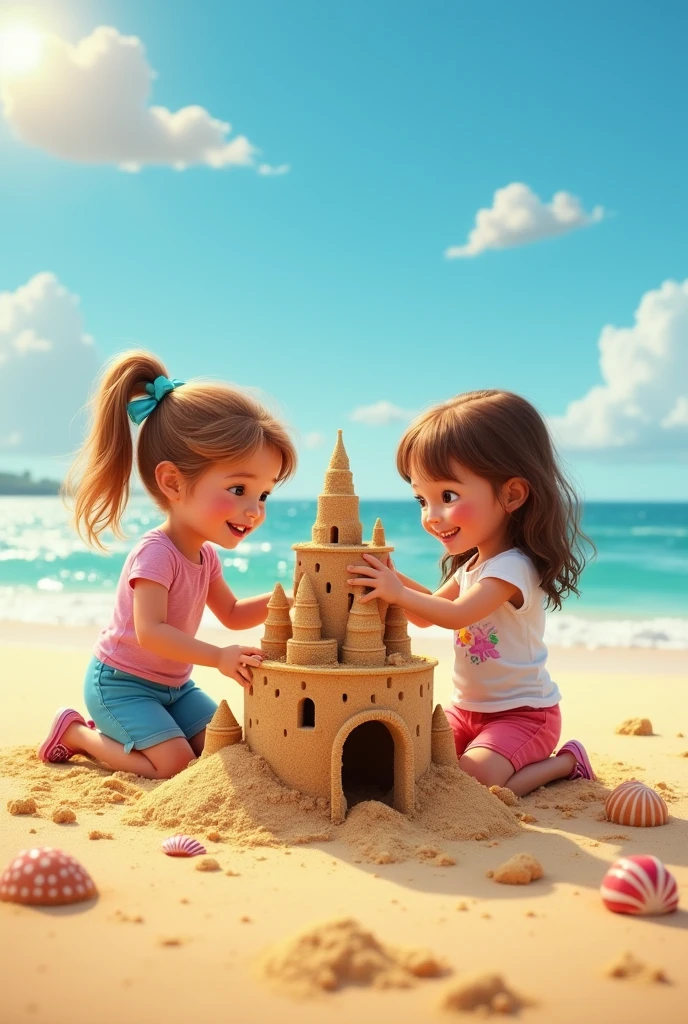 Real photography, HD photos, beach, young father and son, parent-child activities, sand castle, majestic sand castle, sunrise, warmth, warmth, intimacy