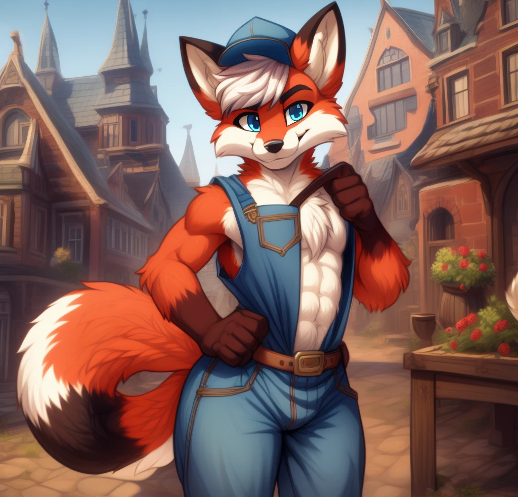 Best quality, Super detailed illustration, cartoon illustration, a furry male fox, blue eyes, villager outfit, black flat cap hat, detailed face and body, disheveled thick white hair, dark red fur, two-tone dark red fur, red fox tail, green sweater with a blue overall, red pants, smug smile, beautifully detailed eyes, against the background of New Amsterdam in the medieval times, skinny, wide hips, style